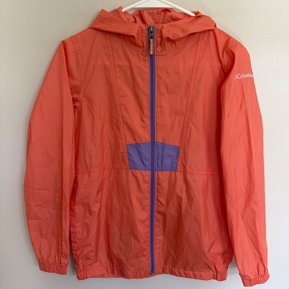 Columbia Kids Windbreaker Jacket Coral Orange Purple Hooded Full Zip Size M